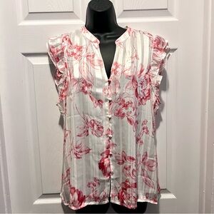 Haver & Blair Top Blouse floral White Pink Large Women Sleeveless ruffle v-neck